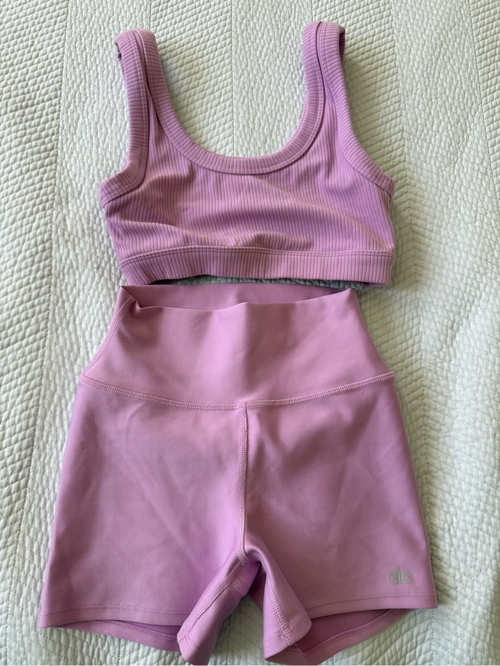 ALO Yoga Pink Ribbed Sports Bra & High-Waist Bike Shorts Set
